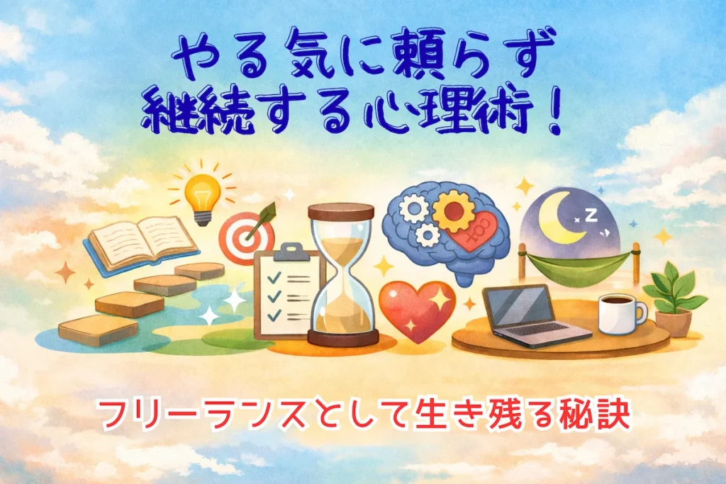 やる気に頼らず継続する心理術をテーマにしたフリーランス向けアイキャッチ画像