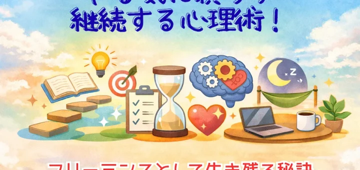 やる気に頼らず継続する心理術をテーマにしたフリーランス向けアイキャッチ画像