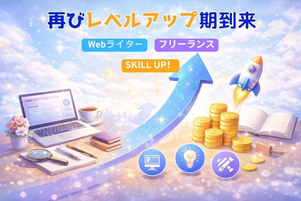 専業Webライターとして再始動後にスキルアップを目指す成長期を表現したアイキャッチ画像