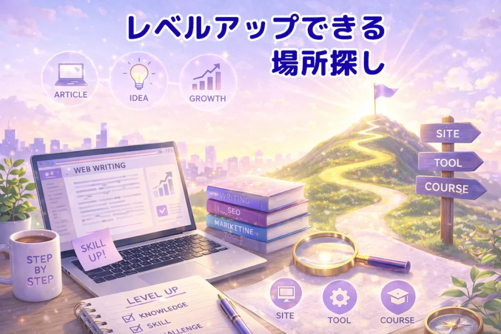Webライターとしてレベルアップするために学習できる場所を探すイメージのアイキャッチ画像