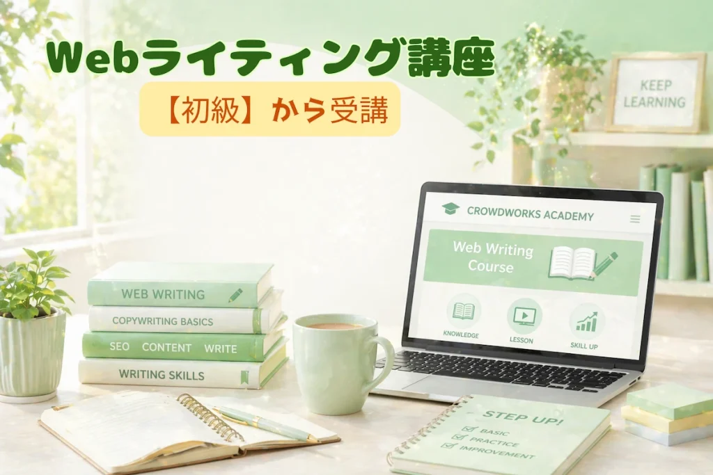 クラウドワークスアカデミーのWebライティング講座初級でスキルアップを学ぶイメージのアイキャッチ画像