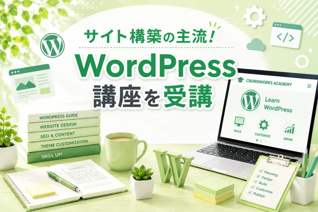 Webライター向けWordPress講座の学習とサイト制作を表現したアイキャッチ画像
