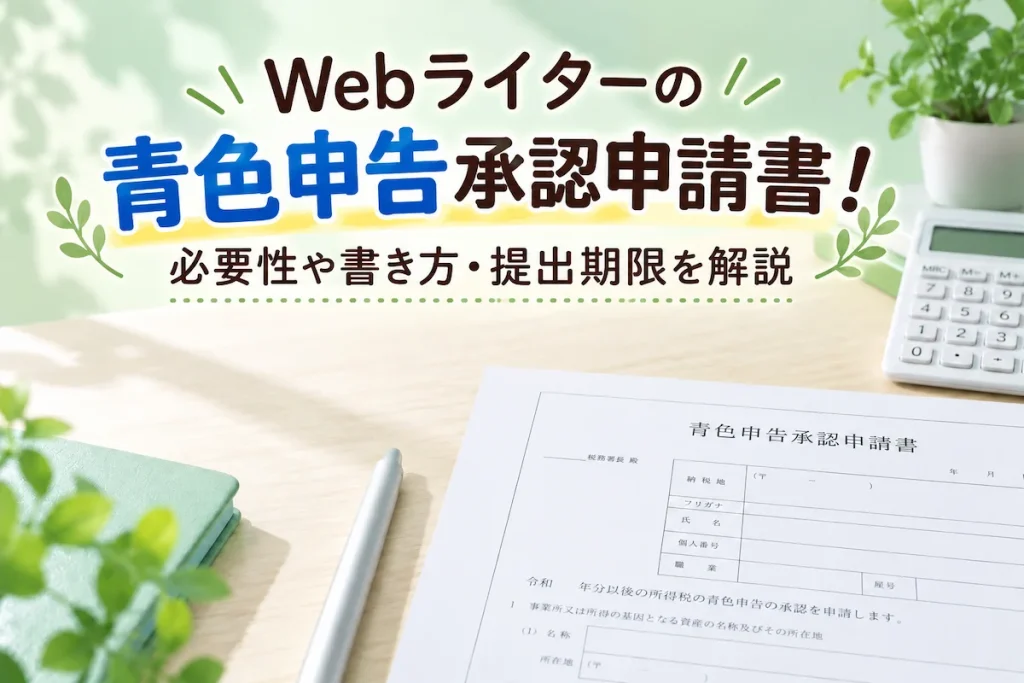 Webライター向け青色申告承認申請書の必要性や書き方・提出期限を解説するアイキャッチ画像